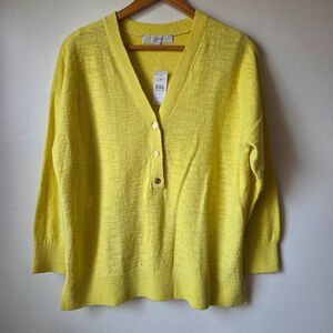 NWT LOFT V NECK YELLOW HALF BUTTONED COTTON BLEND SWEATER TOP SIZE M